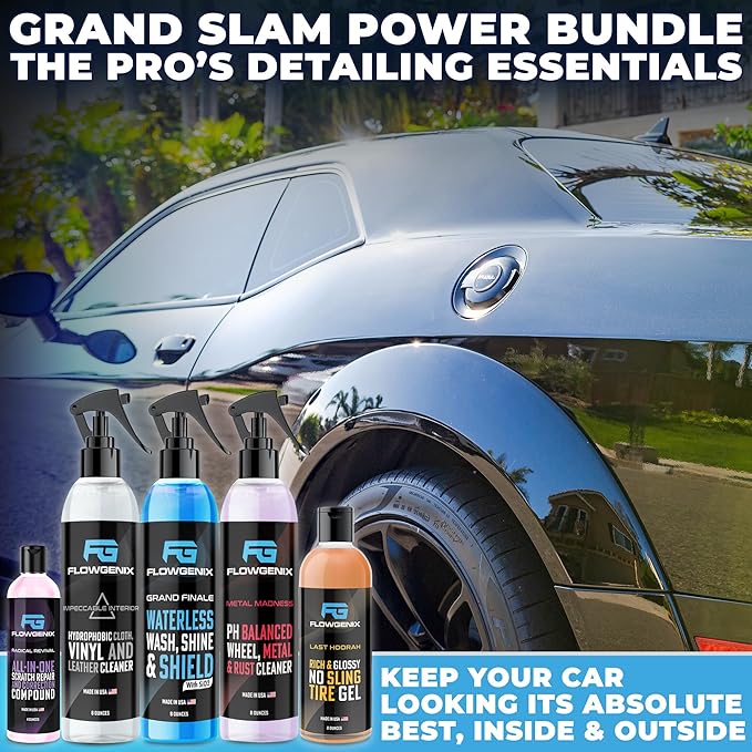 Grand Slam 5-Pack - Waterless Car Wash Detailing Spray, Tire Shine Gel, Scratch Remover, Wheel Metal Rust Cleaner, Interior C