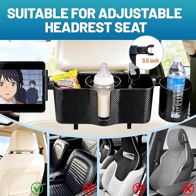 Car Headrest Backseat Storage Box with 2 Cup Holders, Back Seat Car Organizer 5"-13" Tablet Phone Holder with Hook, Adjustable 3-in-1 Multifunctional Car Essential Food Tray for Travel Accessories