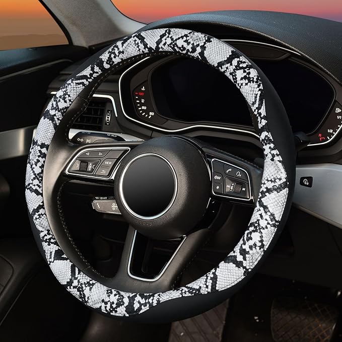 ZHOL Snake Skin Steering Wheel Cover, Breathable Microfiber Leather Universal 14.5-15 inch, Anti-Slip Car Steering Wheel Prot