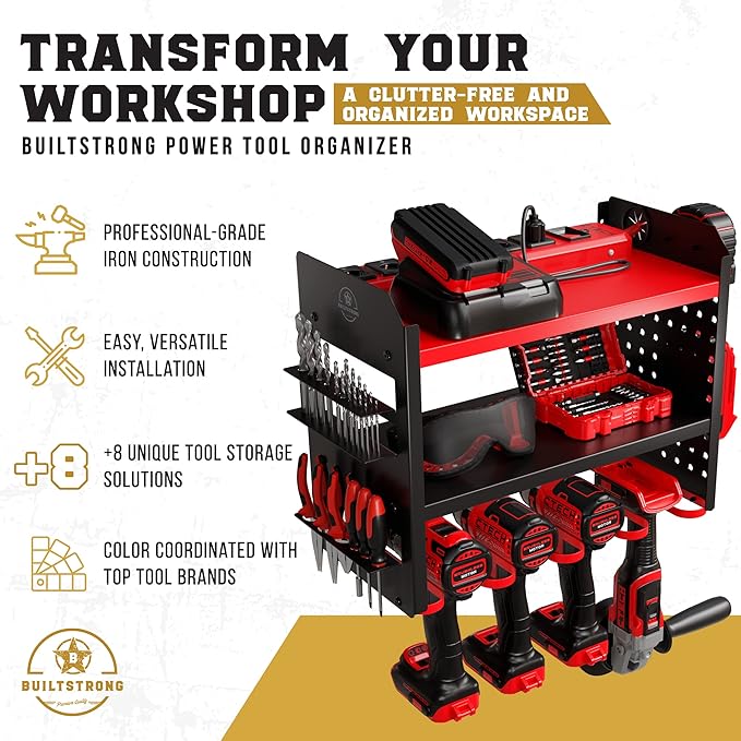 BUILTSTRONG Power Tool Organizer Wall Mount - 3-Tier Heavy-Duty Metal Hand Tool Storage Rack, Utility Racks, Drill Holder, Pe