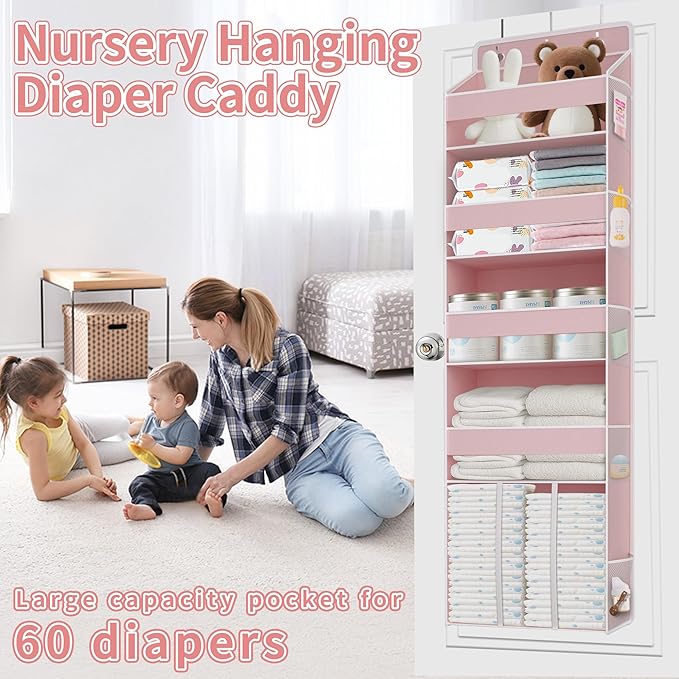 TAHAVICE 1 PC Pink Over the Door Organizer with 1 Large Capacity Caddy, 4 Shelf & 10 Mesh Side Pockets, Pink Stuff Hanging St