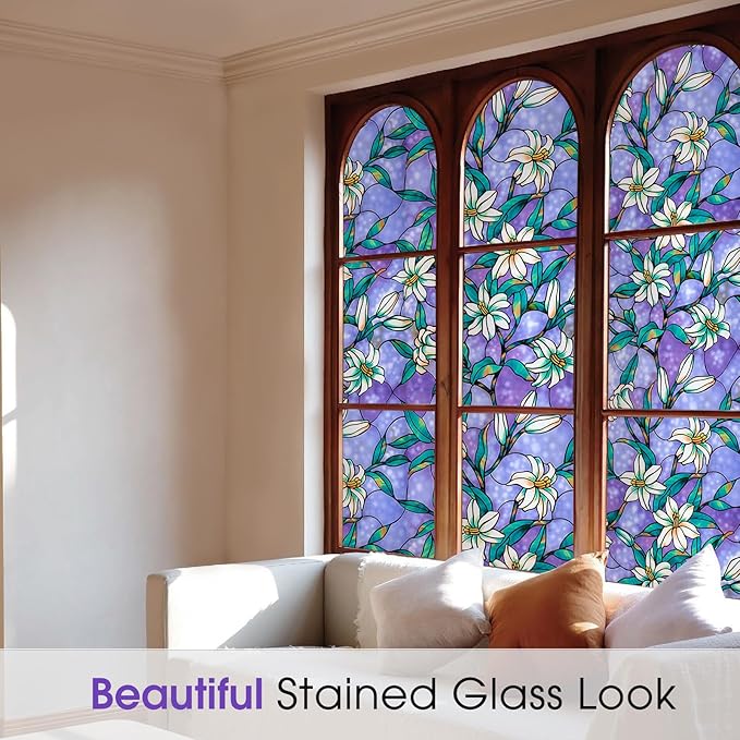 Coavas Static Cling Privacy Window Film, 96% UV & Heat Blocking, Stained Glass Window Film Floral Design, Non-Adhesive, for Bathroom, Front Door, Shower Enclosure‌ (Vinyl, 23.6" X 118.1 ")
