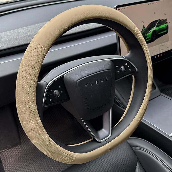 PINCTROT Nappa Leather Steering Wheel Cover for Tesla Model Y/3 Highland/Juniper, D Shaped 14 Inch Small Sized with Breathabl