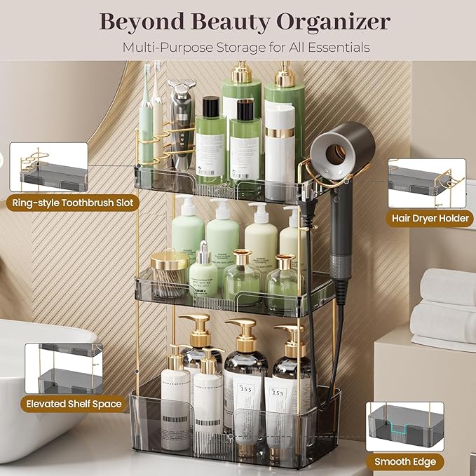 Aveniee Bathroom Counter Organizer,3 Tier Skincare Perfume Countertop Storage with Hair Dryer Rack and Toothbrush Holder, Cos