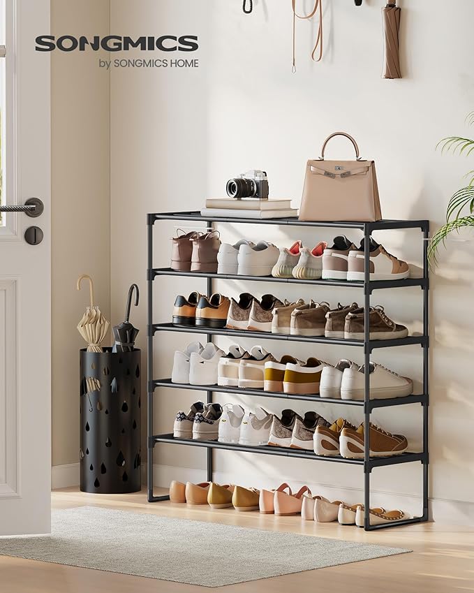SONGMICS Shoe Rack, 5-Tier Shoe Organizer, Metal Storage Shelf, Upright or Upside Down, for 20-25 Pairs, Stackable, for Entry