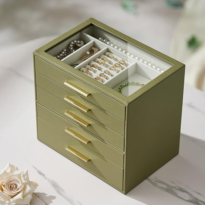 Jewelry Box Organizer Case for Women: 5-Layer Jewelry Storage Case with Glass Window, Olive Green Leather with Cream Velvet, 