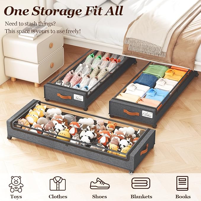 Yecaye Under Bed Storage with Wheels 2 Pack, 85L Extra Large Under Bed Storage Containers with Metal Frame & Clear Lid, Rolli
