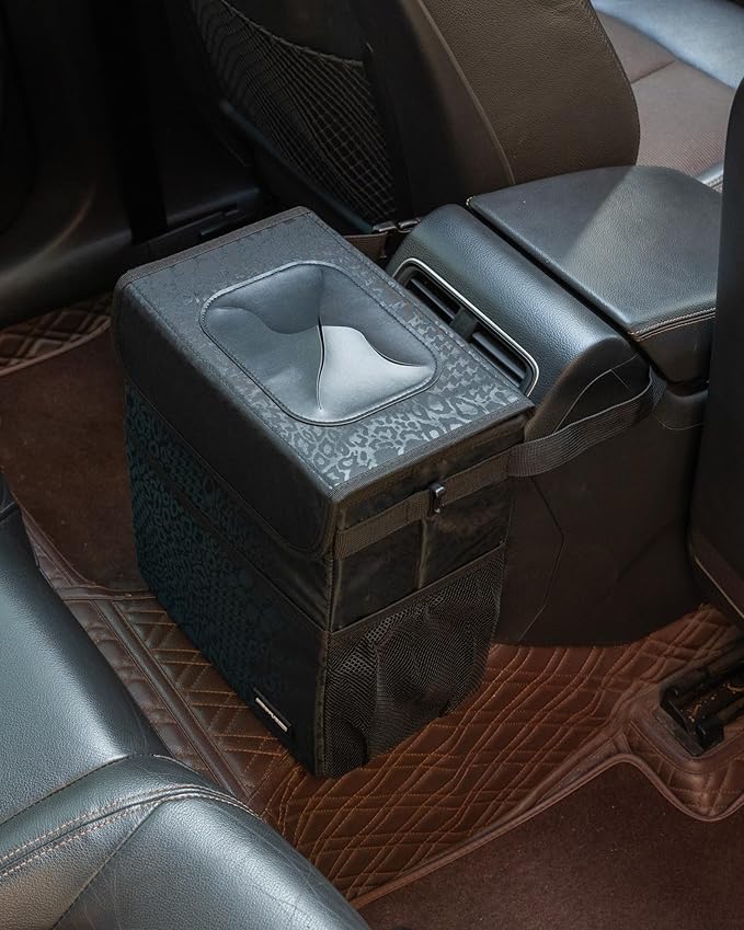 Sturdy 3 Gallon Car Trash Can - Ultra Large Capacity, Leak Proof, Waterproof Car Organizer and Storage with Pockets and Adjustable Straps, Collapsible Interior Car Accessory (Black Leopard)