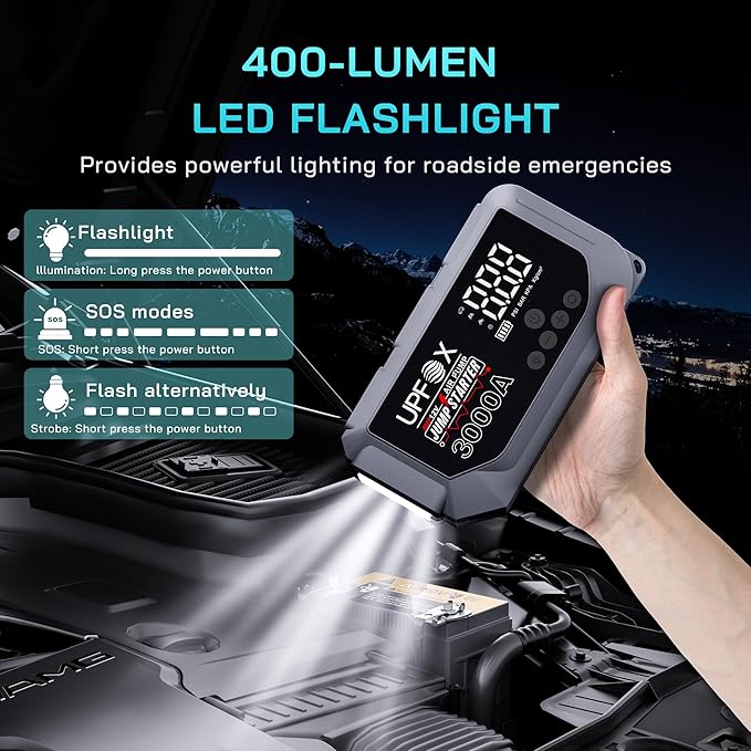 3000A Jump Starter with Air Compressor 12V, 44.4Wh Portable Car Jump Starter for 8.0L Gas & 6.0L Diesel Engines, 150PSI Tire