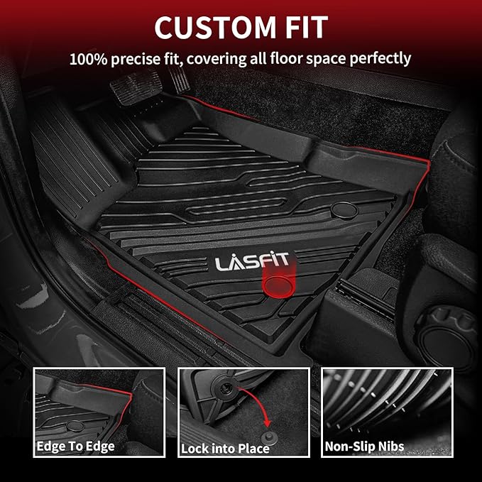 LASFIT Floor Mats Fit for Ford Ranger 2020-2023 SuperCrew Cab, All Weather TPE Truck Liners, Front and Rear Row Set, Black