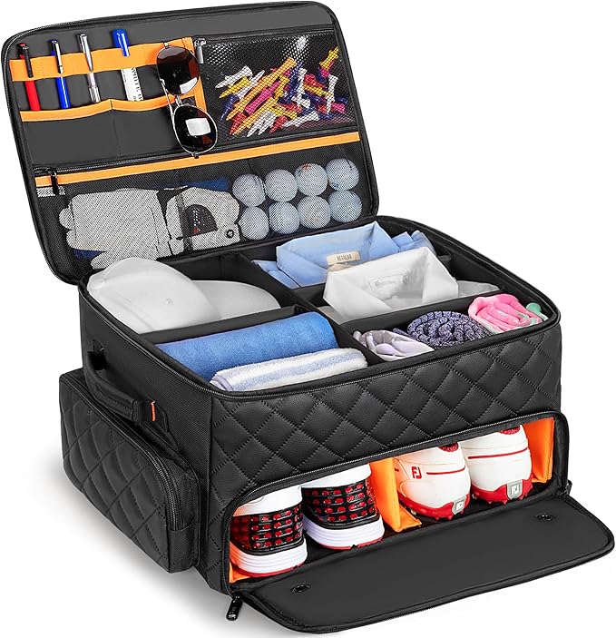 2 Layer Golf Trunk Organizer, Golf Car Storage Organizer with Individual Ventilated Compartment for 2 Pairs Shoes, Golf Car Lock