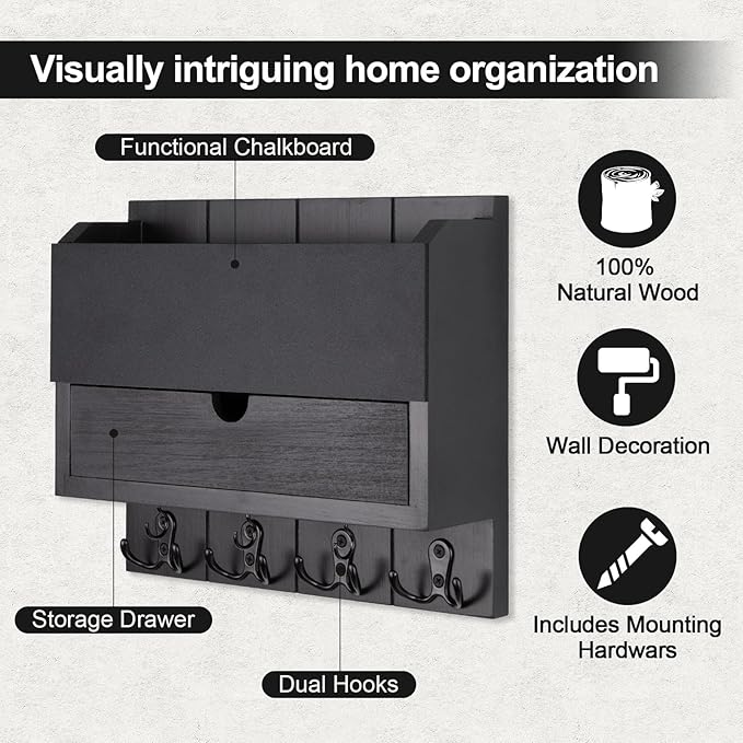 Mail and Key Holder Wall Mount with Storage Drawer – Modern Wooden Mail Organizer for Wall Entryway, 7 Key Hooks & Chalkboard