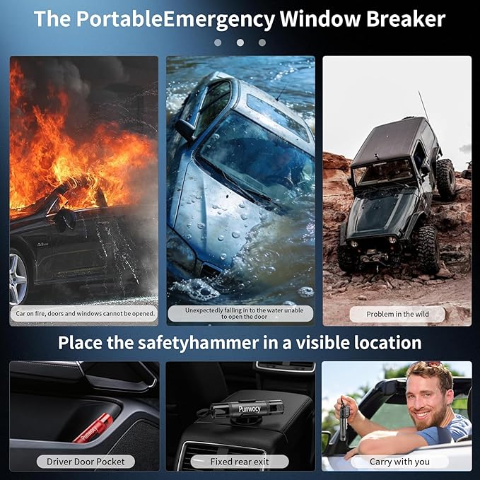 3-Pack Car Window Breaker with Seatbelt Cutter - Underwater Emergency Escape Tool, Tempered Glass Side Window Smasher Safety 