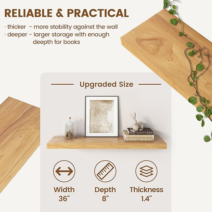 Elm Floating Shelves for Wall Decor, Rustic Solid Wood Shevles Wall Mounted with Invisible Bracket for Living Room Bathroom B