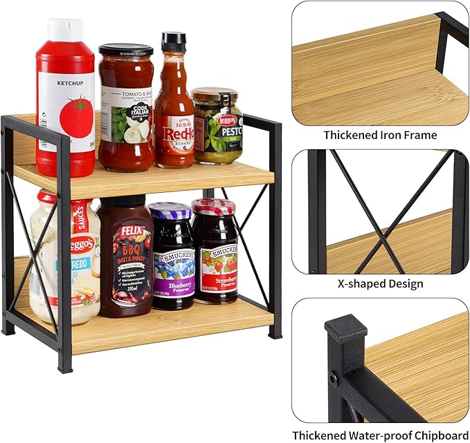 Giikin Countertop Shelf Organizer, 2 Tier Kitchen Spice Rack Organizer for Countertop, Wood Coffee Counter Shelf Organizer fo