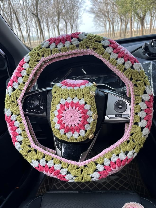 Crochet Sunflower Car Steering Wheel Covers Universal 14-15 inch for Women/Men (A:Wheel Cover+2 Belt Cover)