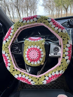 Crochet Sunflower Car Steering Wheel Covers Universal 14-15 inch for Women/Men (A:Wheel Cover+2 Belt Cover)