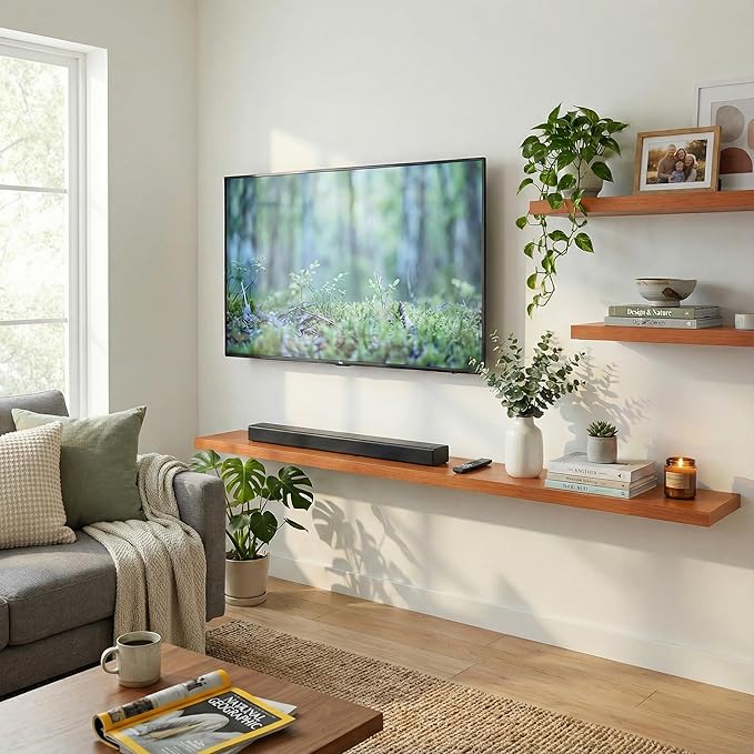 IEO Long Wooden Floating Shelves for Room Wall, Natural Wood Floating Shelves Wall Mounted Kitchen Shelf for Living Room, Bed