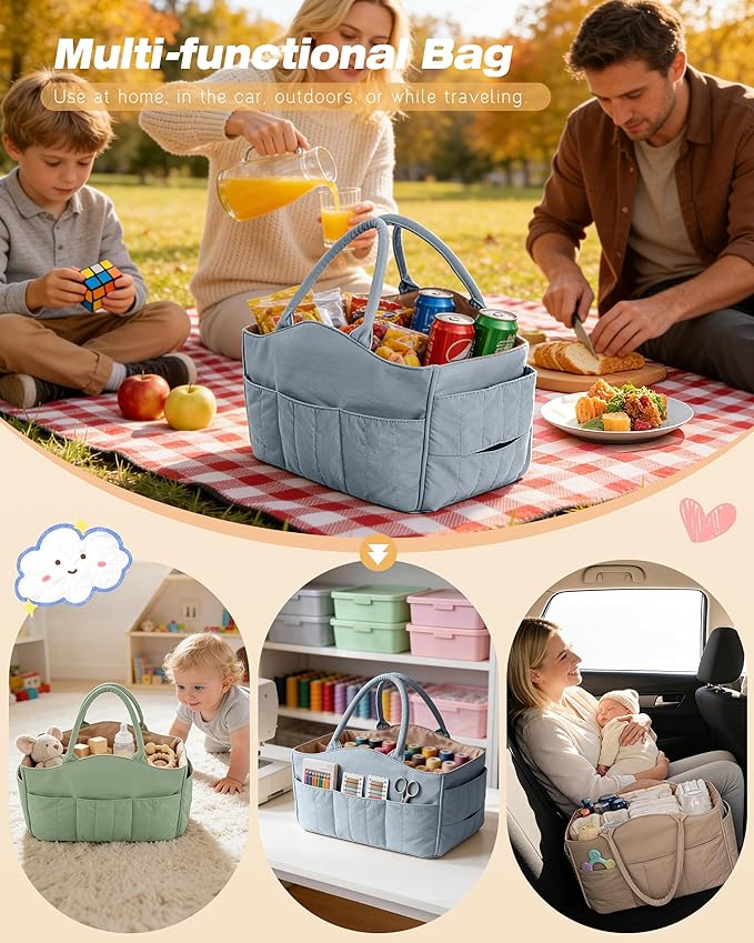 Marscamd Quilted Baby Diaper Caddy with Detachable Dividers and Wipes Pocket, Lightweight Baby Caddy Organizer with Handles a