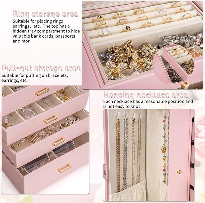 AKOZLIN Huge Jewelry Box Organizer Functional Extra Large Leather Jewelry Storage Case for Women Girls Ring Necklace Earring 