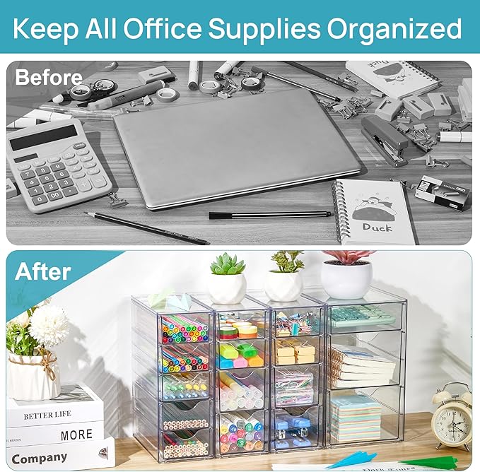 Vtopmart Acrylic Organizer with 16 Drawers (4 Set),Clear Storage Drawers for Office Supplies,Desk Organization and Storage fo