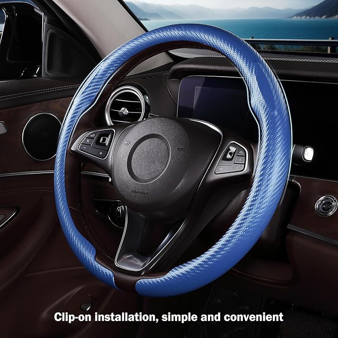 Car Steering Wheel Cover Carbon Fiber Snap On Steering Wheel Accessories Wrap 14.5-15 inch Universal Grip Anti-Skid Protector, Matte Blue