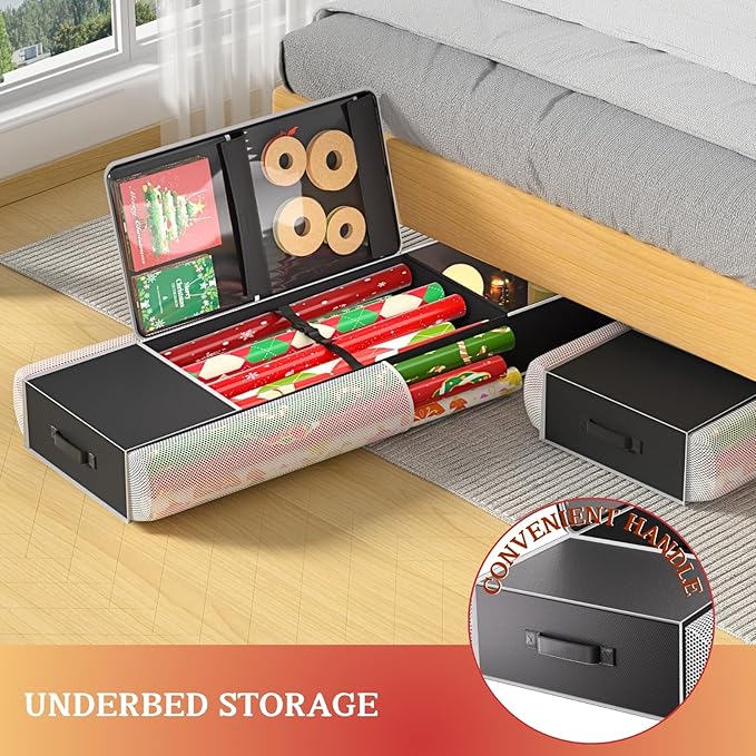 Ofiray-home 2-in-1 Wrapping Paper Organizer Storage, Over Door or Under Bed Organizer with Removable Drawer & 4 Clear Pockets