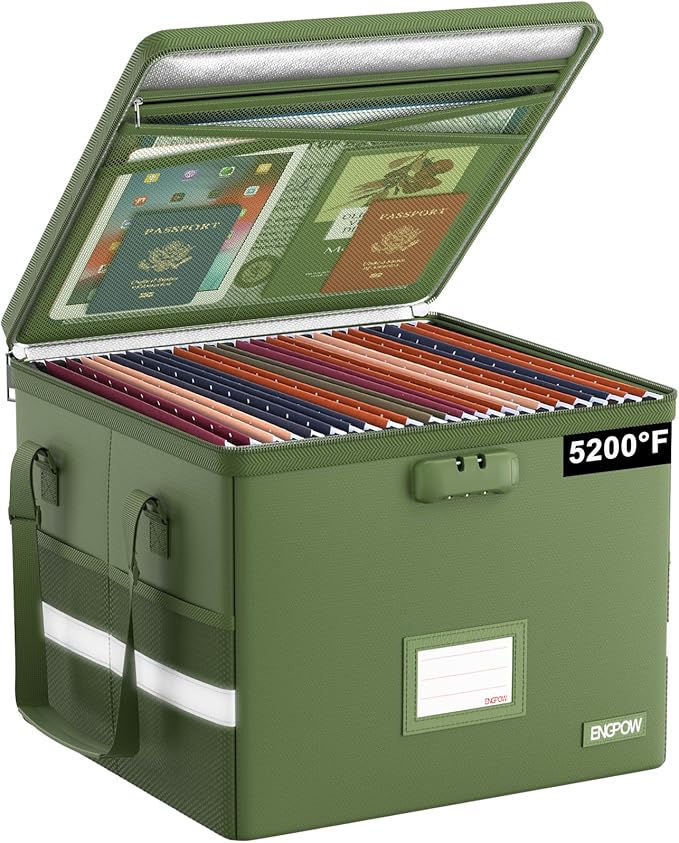 ENGPOW 5200°F File Box Fireproof Document Box with Lock,Heat Insulated Collapsible File Storage Organizer Box with Handle,Por