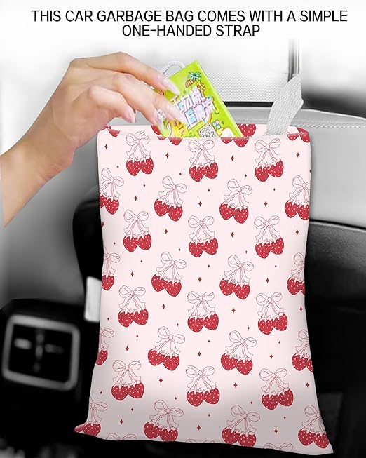 Car Trash Can, Durable Hanging Car Trash Garbage Bag, Cute Automotive Garbage Cans Organizer, Cute Pink Strawberry Bow