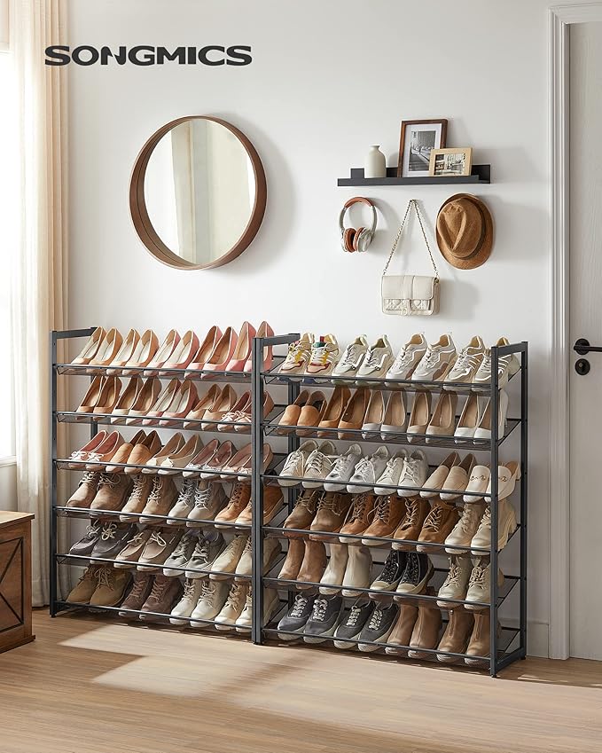 SONGMICS Shoe Rack, 12-Tier Shoe Organizer, Metal Shoe Storage for Garage, Entryway, Set of 2 6-Tier Stackable Shoe Shelf, wi