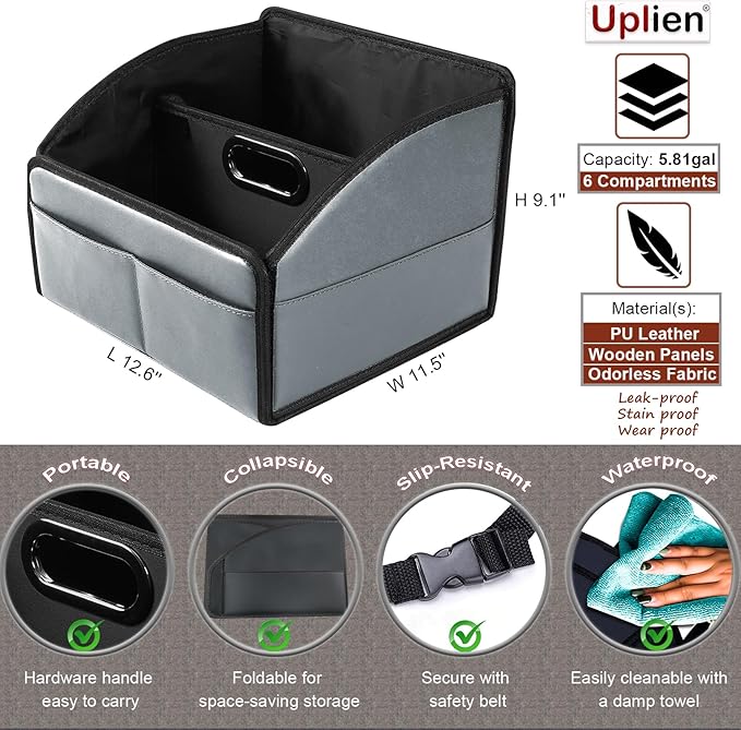 Car Storage Organizer [2025 UPDATED] Leather Car Caddy Basket for Front Seat Floor Back Seats Metal Handle 6 Compartments Adj