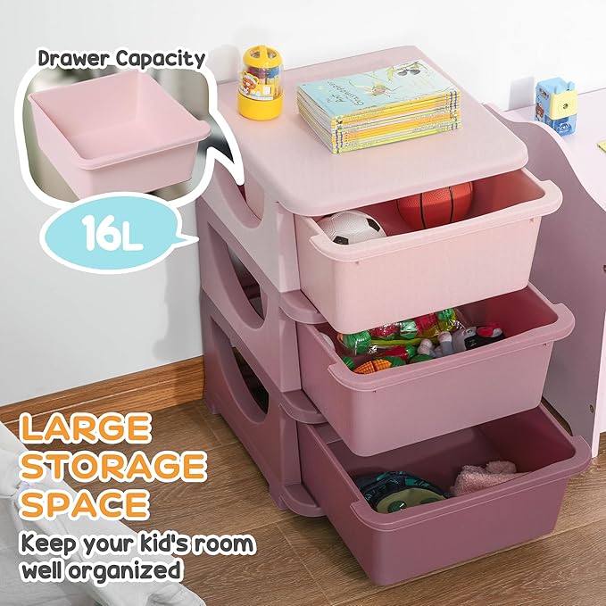 Qaba 3 Tier Kids Storage Unit, 3 Drawer Chest Toy Organizer Plastic Bins for Kids Bedroom Nursery Kindergarten Living Room fo