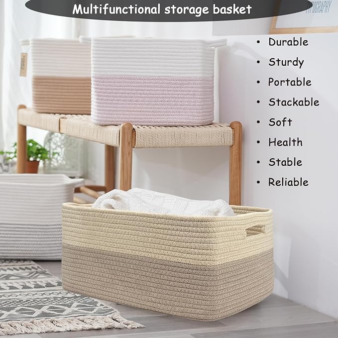 COMFY-HOMI 2 pcs Large Storage Baskets for Shelves, Laundry Basket, Woven Rope Basket, Closet Organizer Bins for Clothes Blan