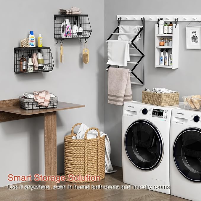 Goozii Black Kitchen Wall Hanging Storage Basket Set of 2, Rustic Stackable Kitchen Counter Fruit Organizer, Wire Baskets Con