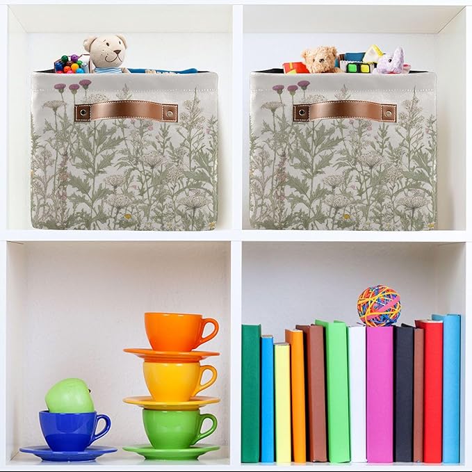 xigua Vintage Colorful Herbs Wild Flowers Floral Storage Basket Collapsible Toy Storage Bins Waterproof Canvas Storage Basket