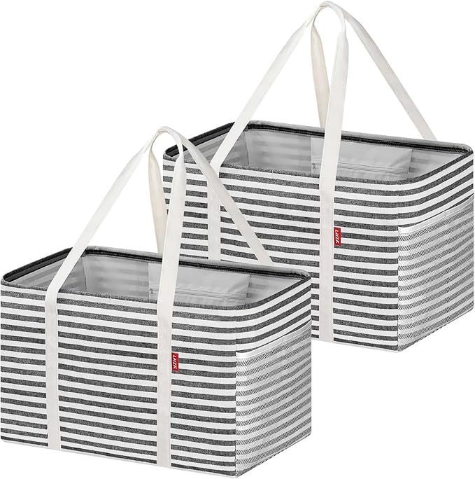 LHZK 2 Pack Utility Tote Bag with Metal Wire Frame and the Sides Rinforced, Large Tote Bag with Handle, Reusable Grocery Bags