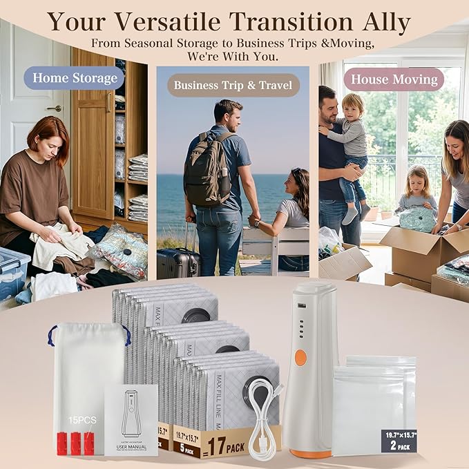 QcoQce Vacuum Storage Bags with Rechargeable Electric Pump, Space Saver Bags for Travel, Vacuum Seal Bags for Clothing, Beddi