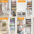 Over the Door Organizer, 2 in 1 Metal Hanging Closet Organizer & Hat Rack with 4 Adjustable Baskets, 8 Hooks, 10 Clips, Behin
