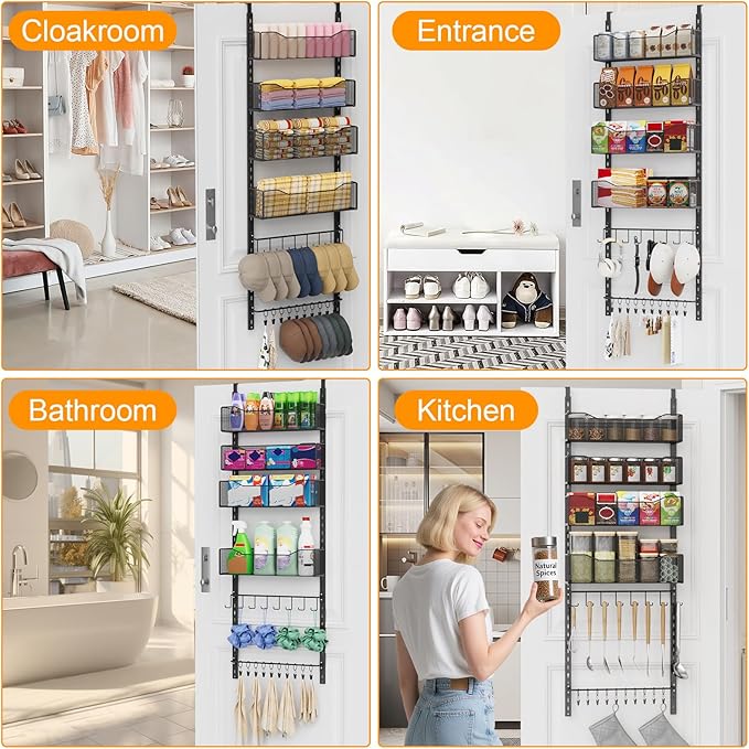 Over the Door Organizer, 2 in 1 Metal Hanging Closet Organizer & Hat Rack with 4 Adjustable Baskets, 8 Hooks, 10 Clips, Behin