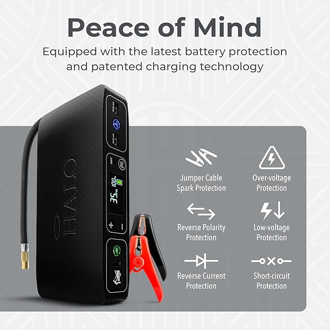 HALO Bolt Air 58830 Portable Car Battery Jump Starter | 100 PSI Air Compressor, 58.8Wh USB Power Bank, Emergency Floodlight