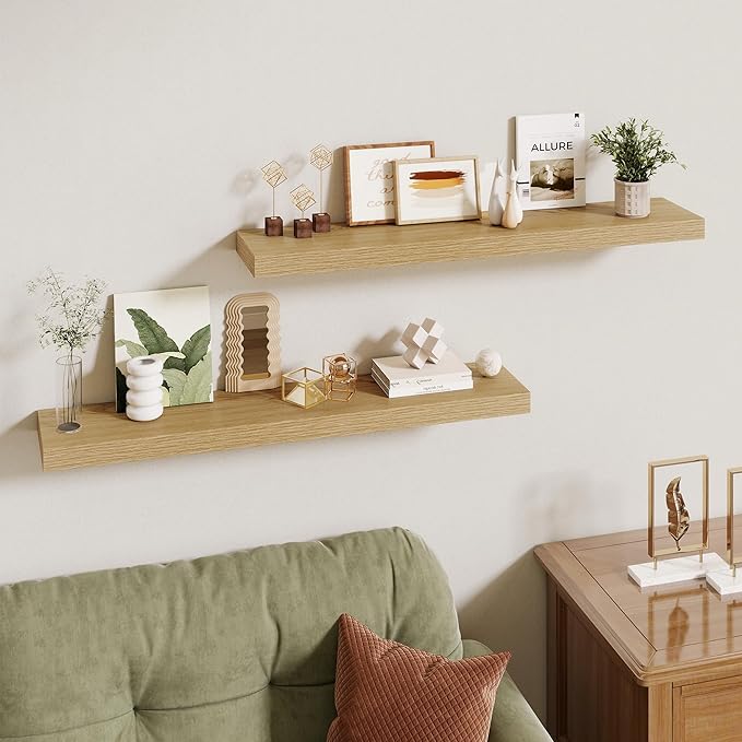 36 Inch Floating Shelves | 6.5 Inch Deep Oak Floating Shelves Set of 2 | 36" W x 6.5" D Rustic Oak Shelves with Invisible Bra