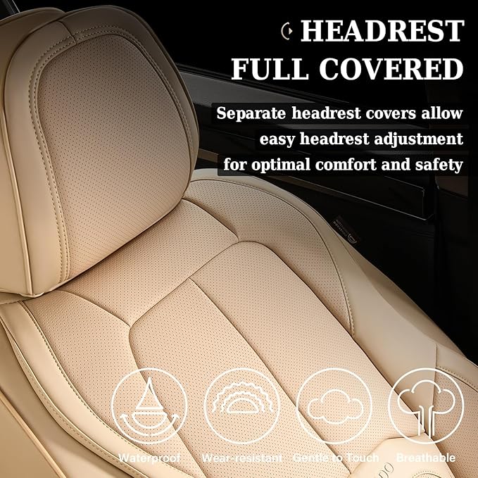 Coverado Car Seat Covers Full Set, Premium Nappa Leather Seat Covers for Car, Waterproof Car Seat Protector with Lumbar Suppo