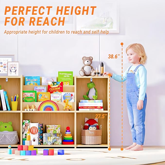 Kids Bookshelf & Toy Storage Organizer, 2-Tier Horizontal Wooden Shelf with 5 Open Compartments and Front Book Display, Low H
