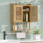 AmazerBath Bathroom Wall Cabinets, Bamboo Medicine Cabinet with Rattan Door, Over The Toilet Storage Cabinet with Towel Bar, 