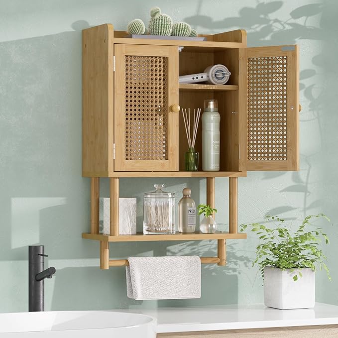 AmazerBath Bathroom Wall Cabinets, Bamboo Medicine Cabinet with Rattan Door, Over The Toilet Storage Cabinet with Towel Bar, 