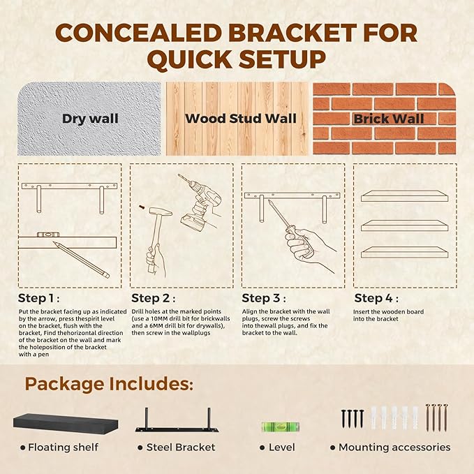 Floating Wall Shelf 16x6.8x1.7 Inch – Solid Wood Shelf in Black Finish – Wall Mounted Rustic Display Organizer for Bathroom, 