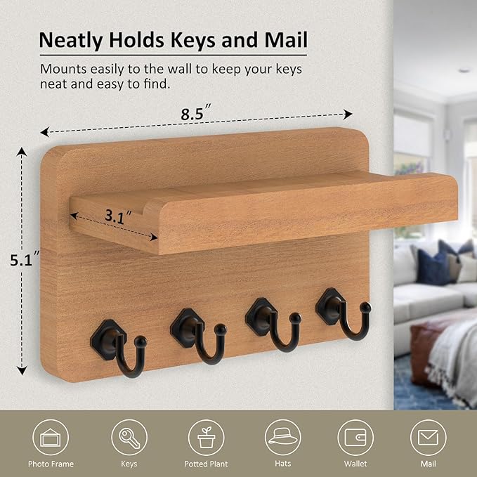 Nekon Key Holder Wall Mount, 8.5 Inch Small Home Decor Wooden Wall Organizer with 4 Hooks and Shelf, Key and Mail Holder for 