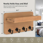 Nekon Key Holder Wall Mount, 8.5 Inch Small Home Decor Wooden Wall Organizer with 4 Hooks and Shelf, Key and Mail Holder for 