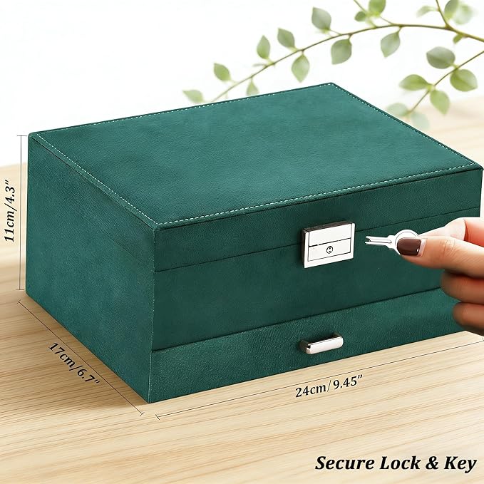QBestry Jewelry Box for Women with Drawer, 3-Layer Large Jewelry Organizer with Lock & Key, 8 Necklace Hooks & 56 Earring Hol