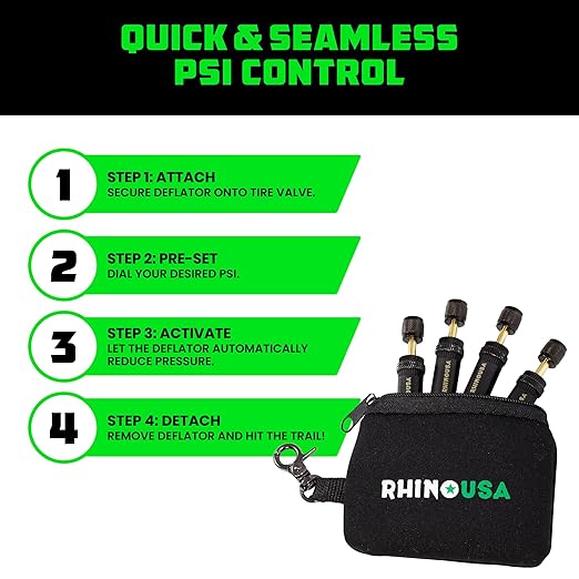 Rhino USA Adjustable Tire Deflator Kit (10-30 PSI) Ultimate Screw-on Automatic Tire Deflators for Offroad - Quick & Easy Air Down System for The Trails - Best Jeep Off Road Accessories (4-Pack) -Black